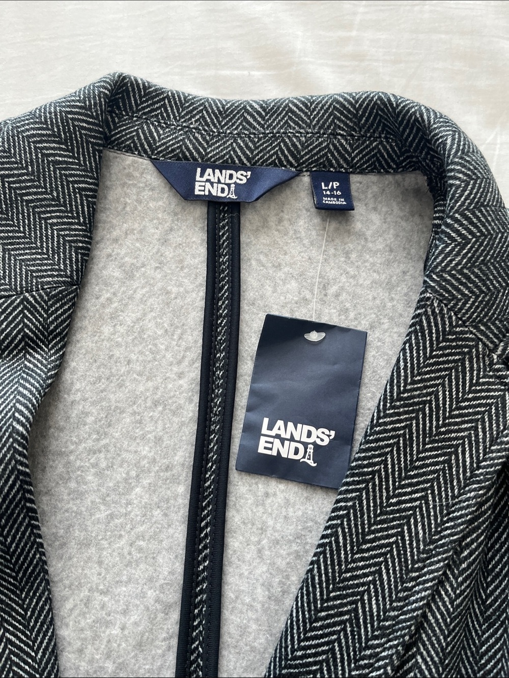 Lands' End Women's Black and White Herringbone Long Blazer LP New - Picture 5 of 8